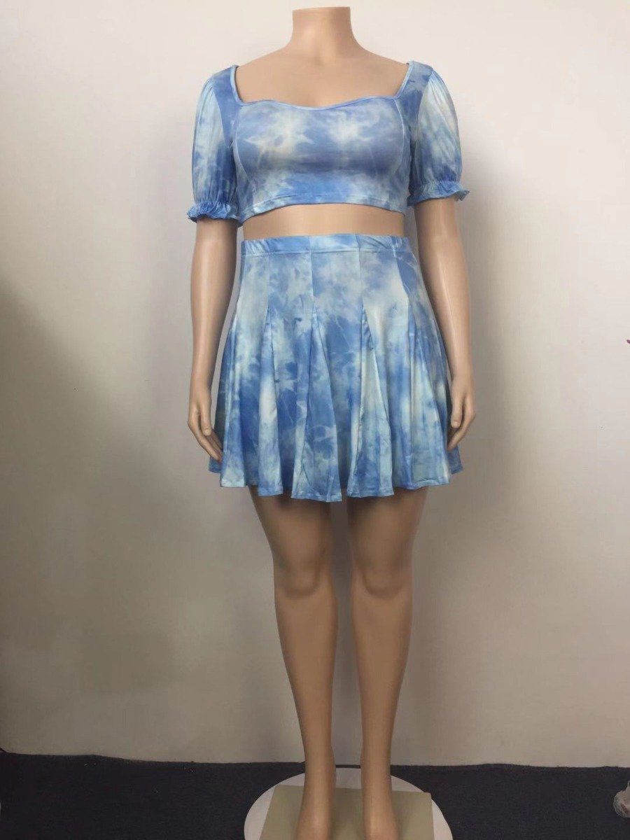 Plus Size Tie Dye Crop Top High Waist woman Pleated Skirt Set