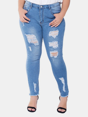big size Raw Trim Ripped Elastic Slim woman Jeans