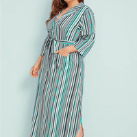 Plus Size Lapel Lace Pocket Stripe Shirt lady Dress