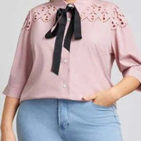 Plus Size Tie Half Sleeve Lace up Hollow woman Pink Blouse