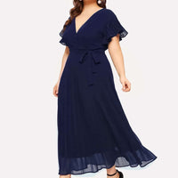 Plus Size V-collar Ruffle Sleeve Lace Up Solid color long woman Dress