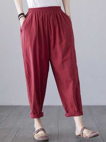loose woman Elastic Waist Pocket Detail Solid Linen Oversize Harlem plus size Pants