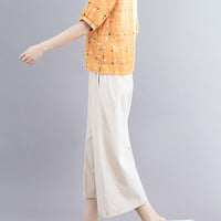 Plus Size Linen Crew Neck Button Details Plaid Top Elastic Waist womens Pants