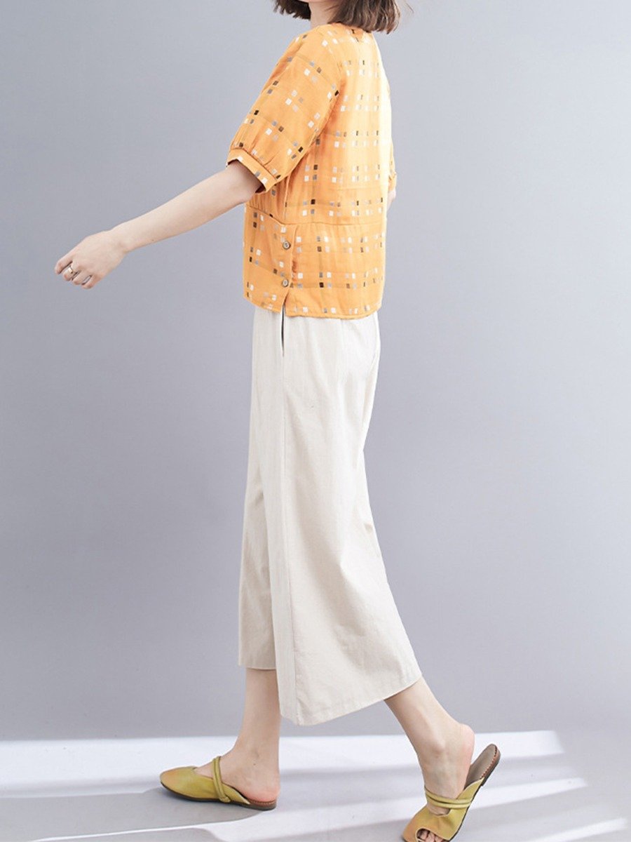 Plus Size Linen Crew Neck Button Details Plaid Top Elastic Waist womens Pants