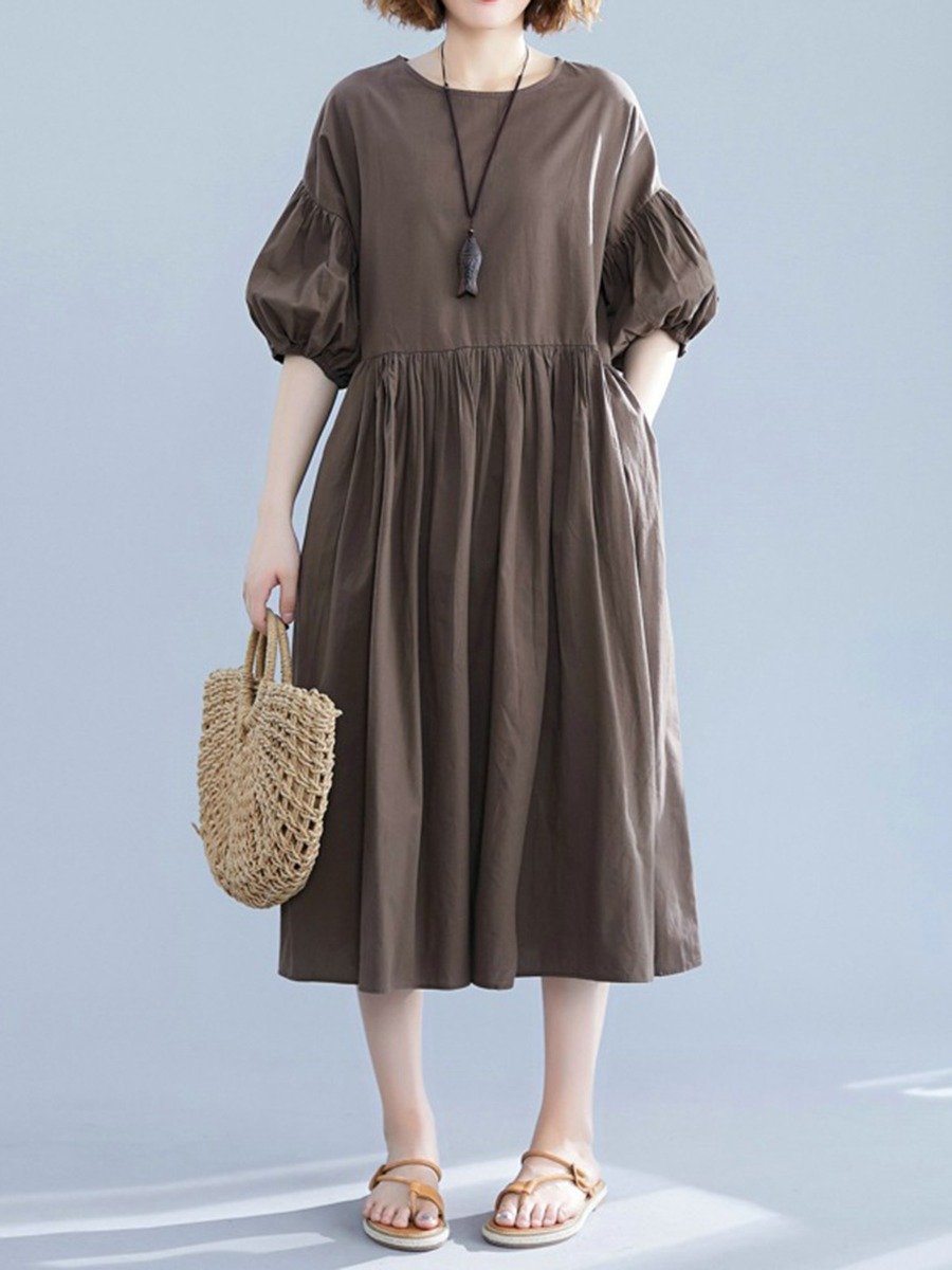 woman Solid Color Roud Neck Lantern Sleeve Frill Detail Smock plus size Dress