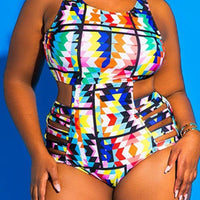 Plus Size lady woman Geometric Pattern Swimsuit