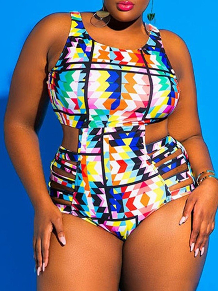 Plus Size lady woman Geometric Pattern Swimsuit