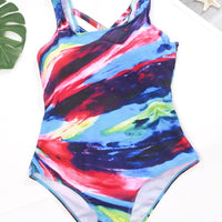 plus size woman lady Hit Color Stripe Crisscross Detail Swimsuit