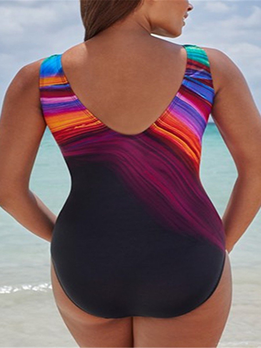 plus size woman lady Hit Color Stripe Crisscross Detail Swimsuit