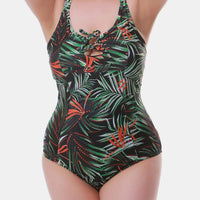 Plus Size Leaf Print Lace-Up Swimsuit