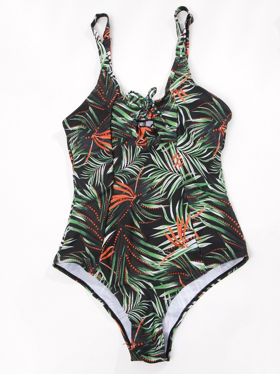 Plus Size Leaf Print Lace-Up Swimsuit