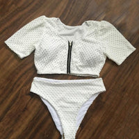 Zippered Mesh Half-Sleeved Bikini Swimsuit Top High Waisted Plus Size Clothing Shorts Set