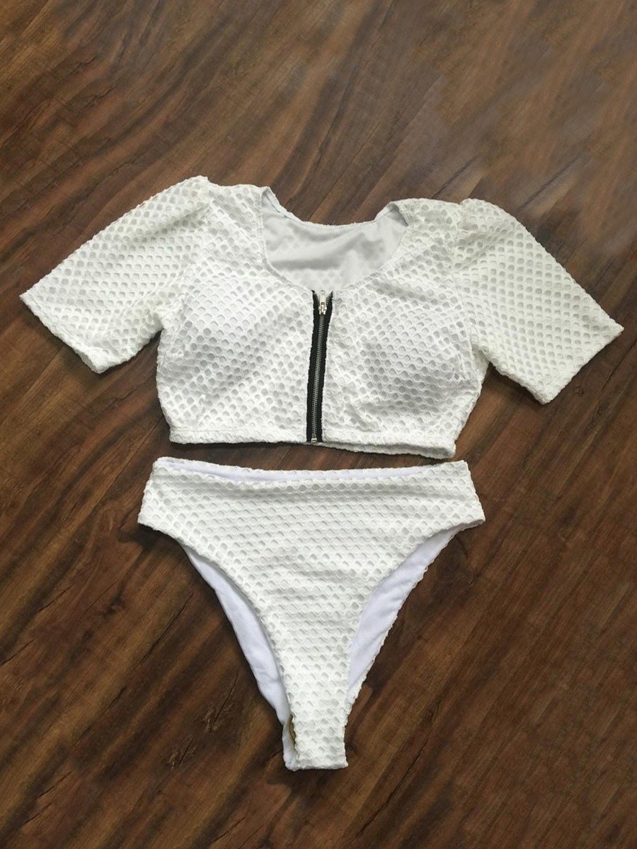 Zippered Mesh Half-Sleeved Bikini Swimsuit Top High Waisted Plus Size Clothing Shorts Set