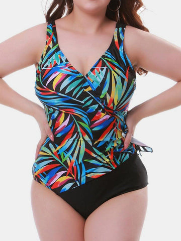 Plus Size Woman Fashion Tie Up Leaf Print One Piece Swimsuit