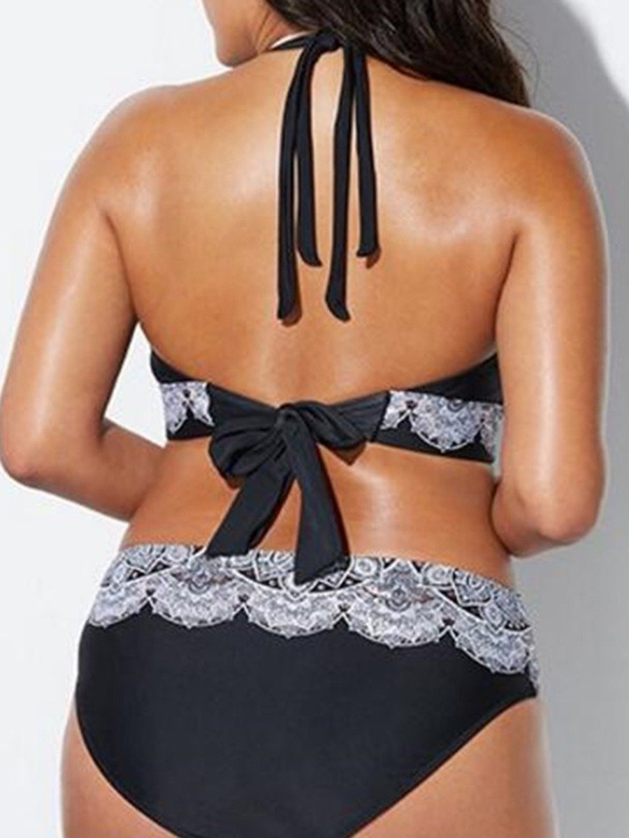 Big Curvy Women Digital Printed Lace-Up Halter Top Swimsuit High Waisted Panties Set
