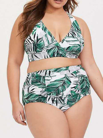 Plus Size Women'S Leaf Print Swimsuit Bikini Set Wholesale