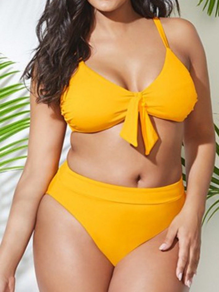 Plus Size Fashion Swimsuit Front Knotted Top &Amp; High-Waist Shorts Set