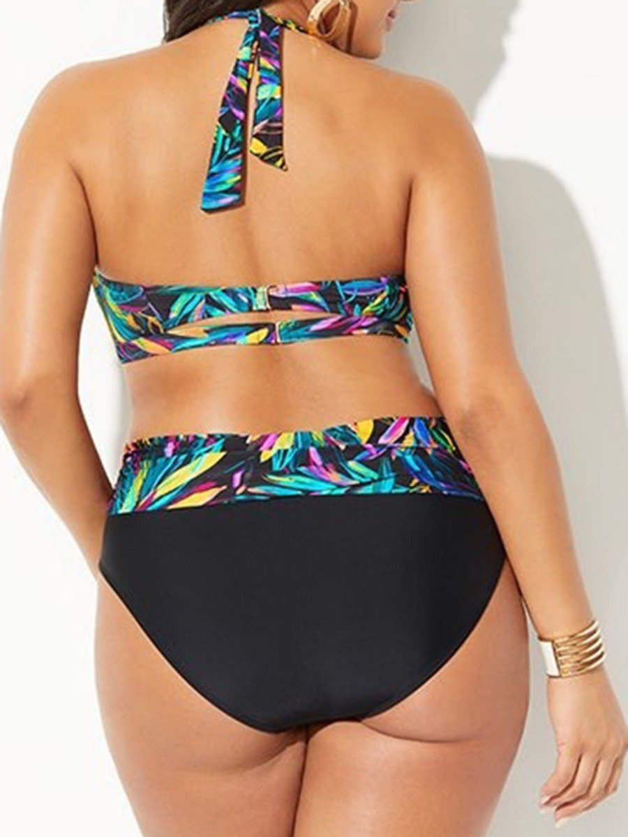 Plus Size Women Plants Print Lace-Up Halter Swimsuit Bikini Set