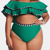 Fatty Lady Mulit-Layered Ruffle Hem Splicing Polka Dot Print Halter Plus Swimsuit