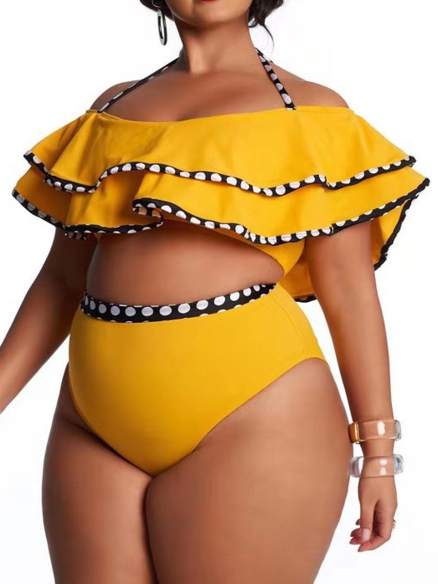 Fatty Lady Mulit-Layered Ruffle Hem Splicing Polka Dot Print Halter Plus Swimsuit