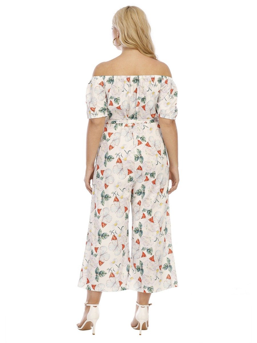 Plus Size Off Shoulder Frill Detail Flower Print Belt Wide-Legs Jumpsuit For Big Woman