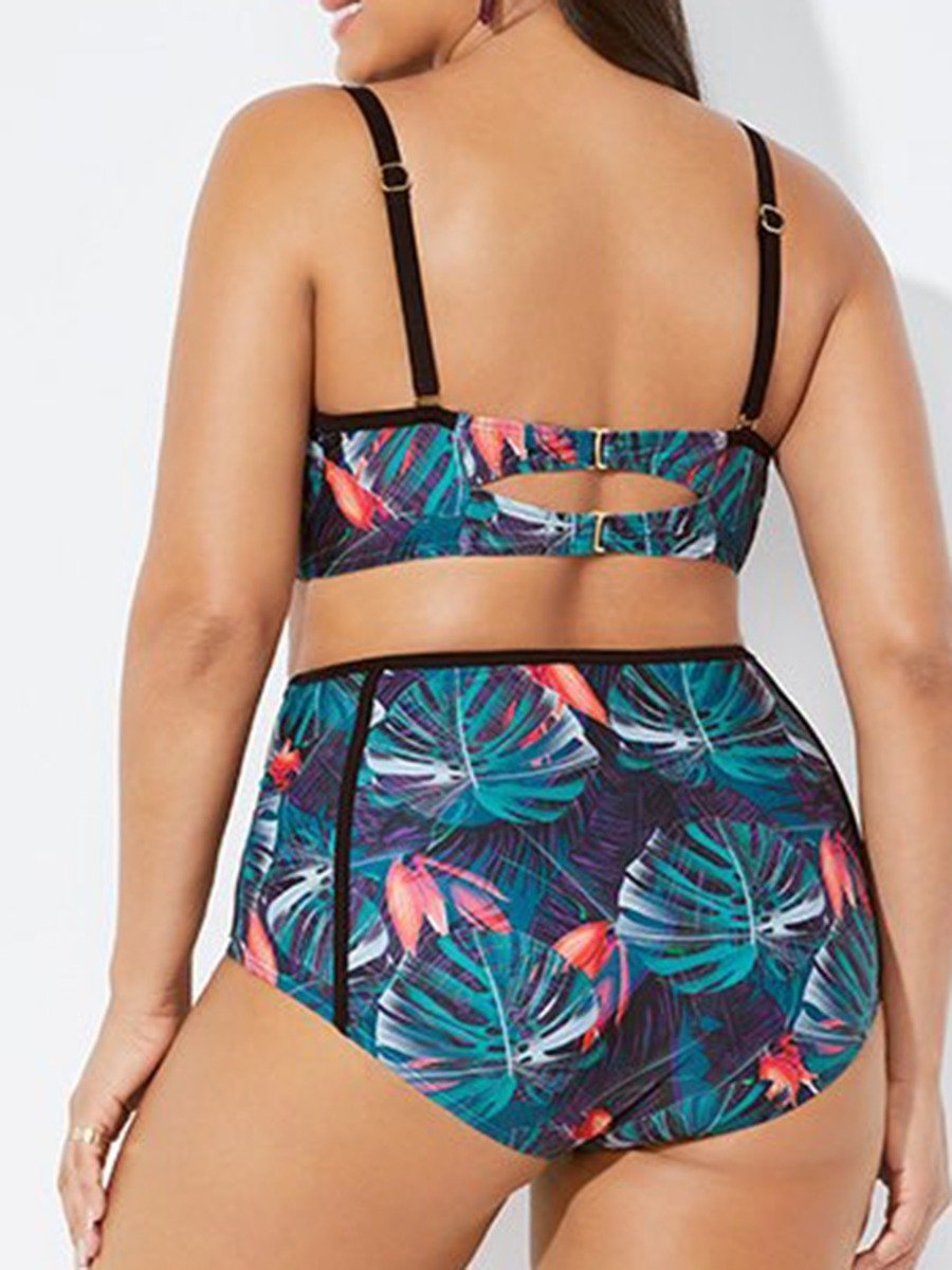 Plus Size Woman Plants Print Bikini Swimsuit Set