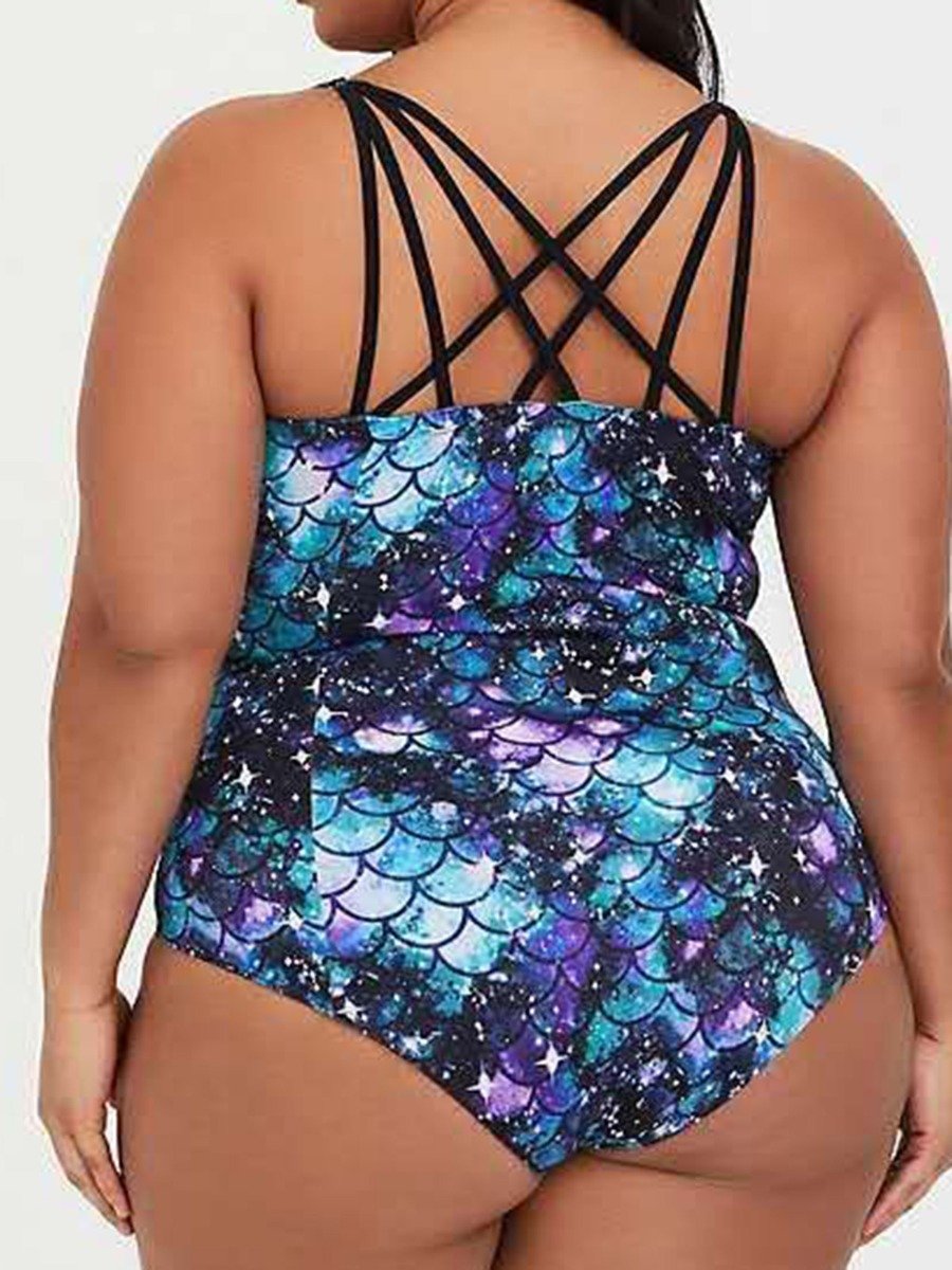 Plus Size Tie-Dye Crisscross Backless Bikini Trend Swimsuit