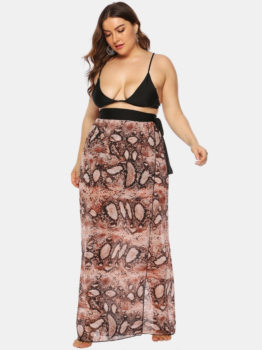 Irregular Hem Tie-Up Waist Snake Skin Print Light Wrap Chubby Women Clothing Skirt