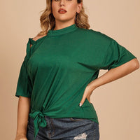 Plus Size Womens High Collar Cold Shoulder Pure Tie Up T-Shirt