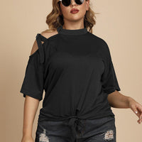 Plus Size Womens High Collar Cold Shoulder Pure Tie Up T-Shirt