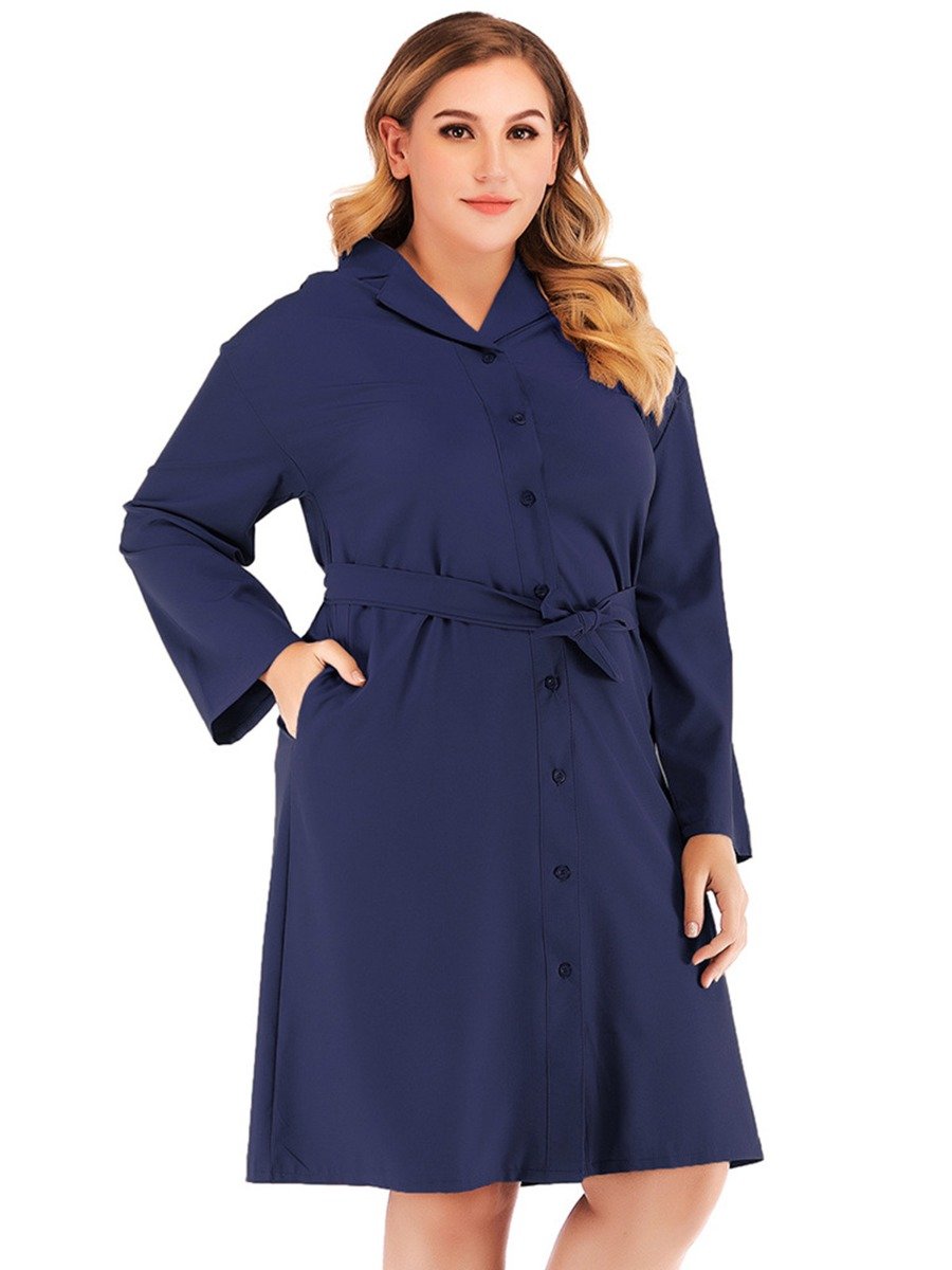 Big Fat Women Lapel Collar Single-Breasted Pocket Detail Shirt plus size Dress