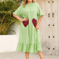Plus Size Tops Striped Ruffled Trim Heart Pocket Dress