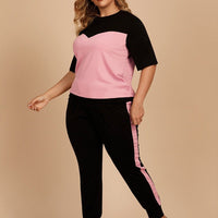 Plus Size Fashion Contrast Sports Half Sleeve Top Elastic Waist Curvy Lady Pants Set