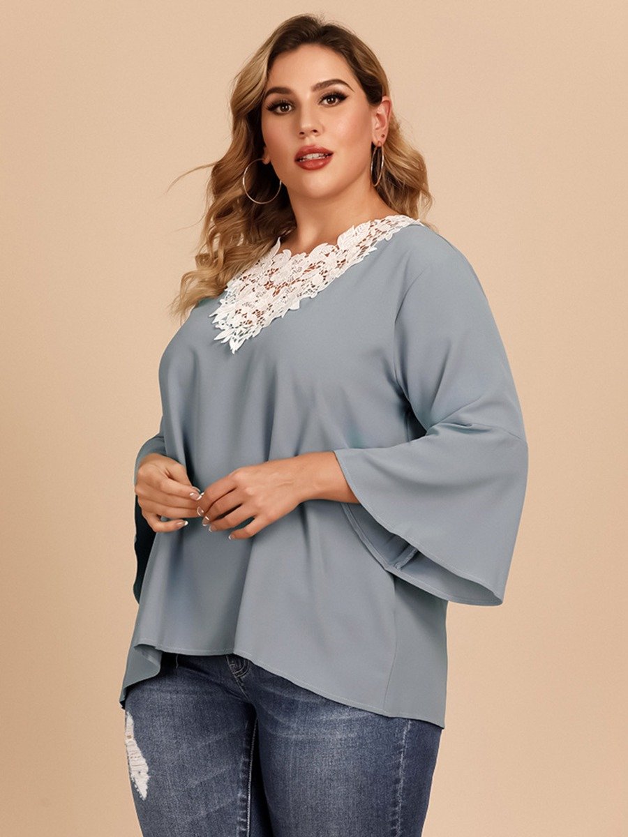 Plus Size Flared Sleeve Lace Stitching Blouse Trendy Plus Size Clothing