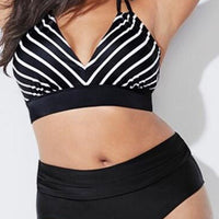 Chubby Ladies Striped Backless Halter Top Swimsuit &Amp; High Waist Shorts Set