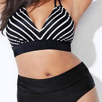 Chubby Ladies Striped Backless Halter Top Swimsuit &Amp; High Waist Shorts Set