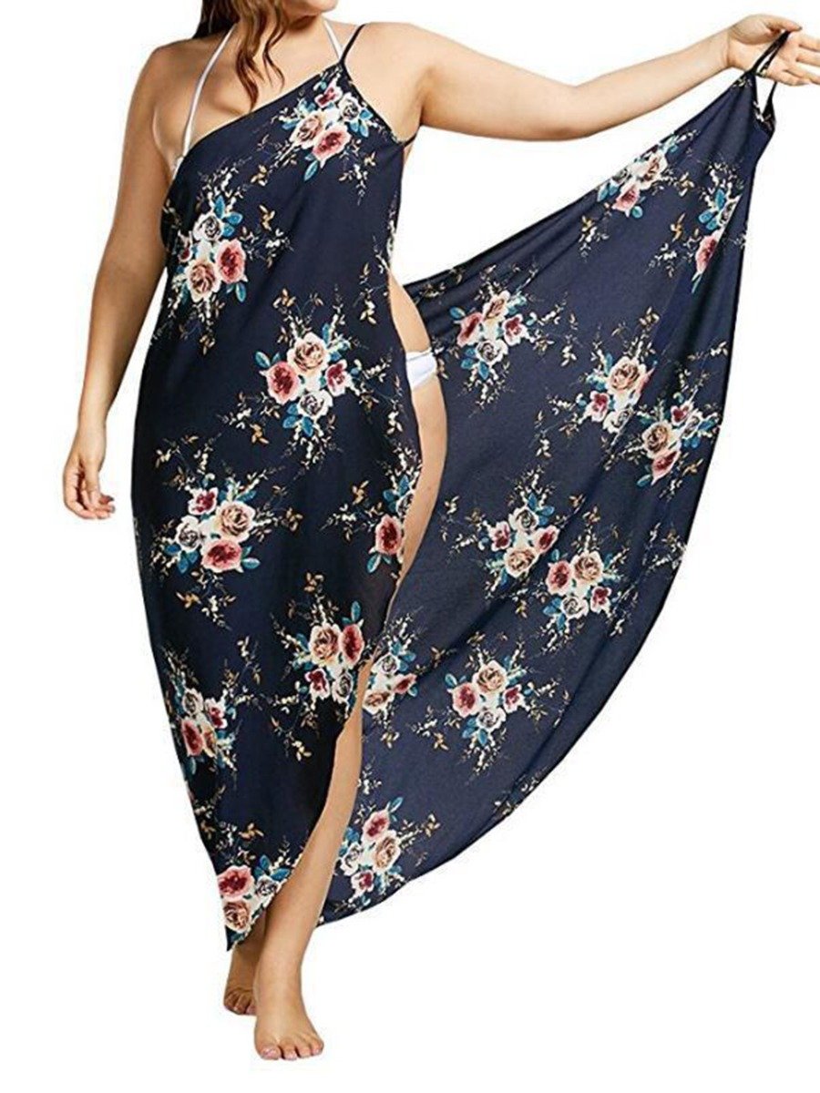 Ladies Tops Plus Size Sleeveless V-Collar Flower Print Split Hem Maxi Wrap Dress