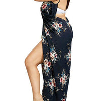 Ladies Tops Plus Size Sleeveless V-Collar Flower Print Split Hem Maxi Wrap Dress