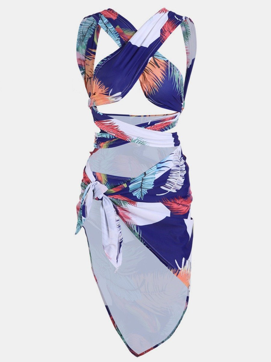 Large Size Clothing For Women Plants Print Hollow Swimsuit Suit