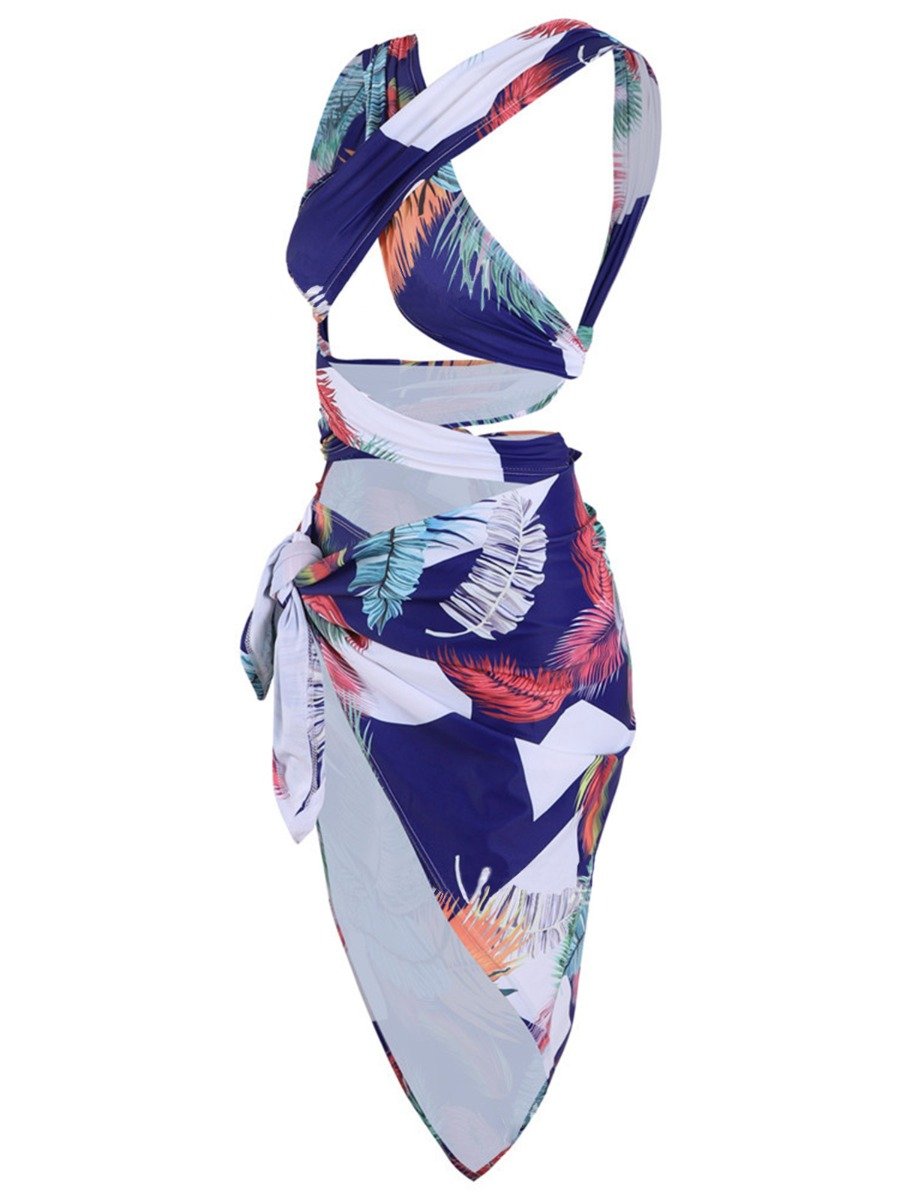 Large Size Clothing For Women Plants Print Hollow Swimsuit Suit