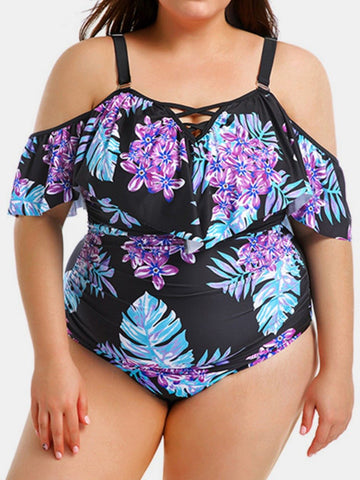 Woman Plus Clothes Off Shoulder Ruffled Trim Plant Print Swimsuit