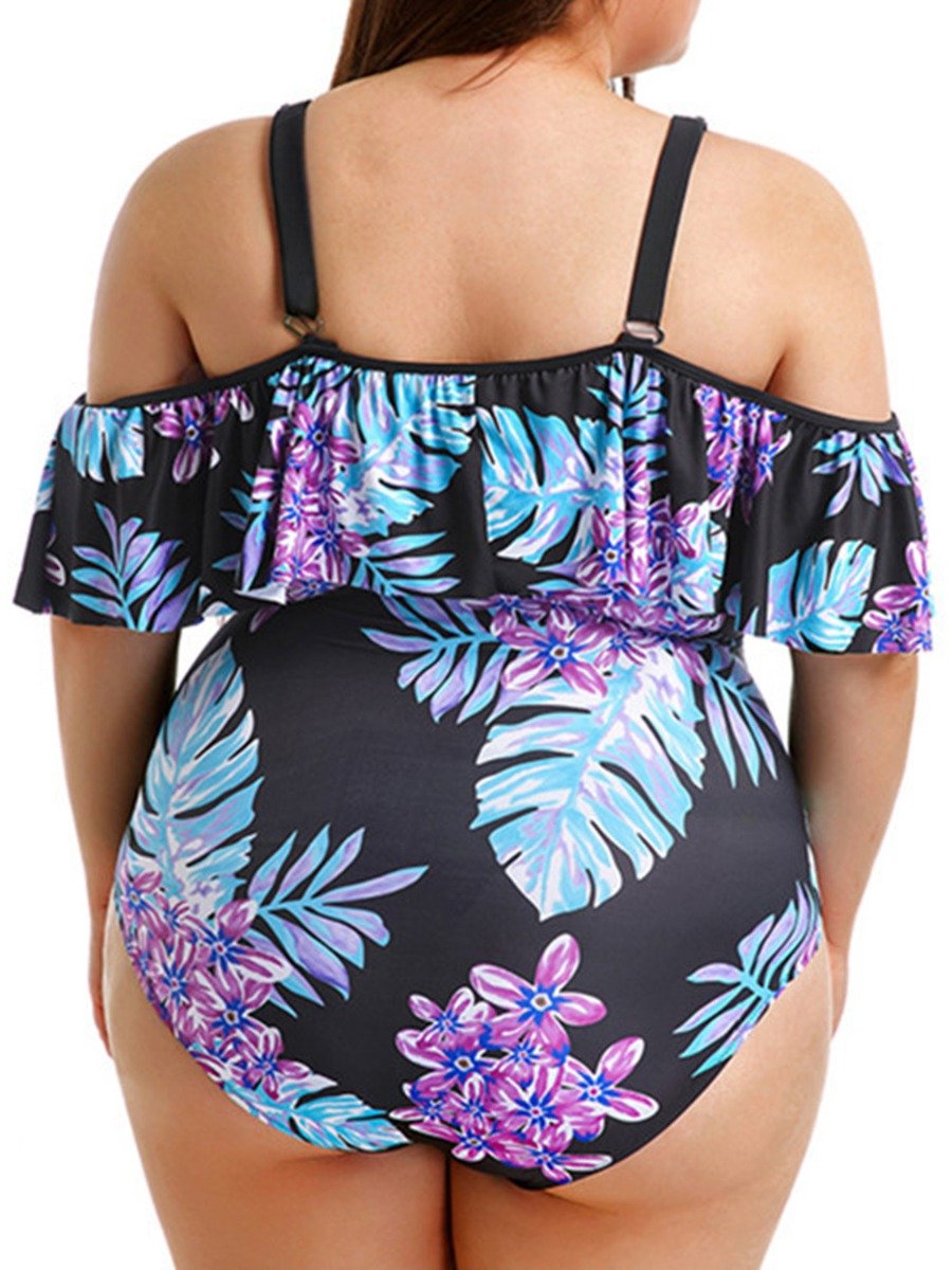 Woman Plus Clothes Off Shoulder Ruffled Trim Plant Print Swimsuit
