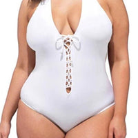 Big Curvy Hollow Cross Lace-Up Plain Swimsuit