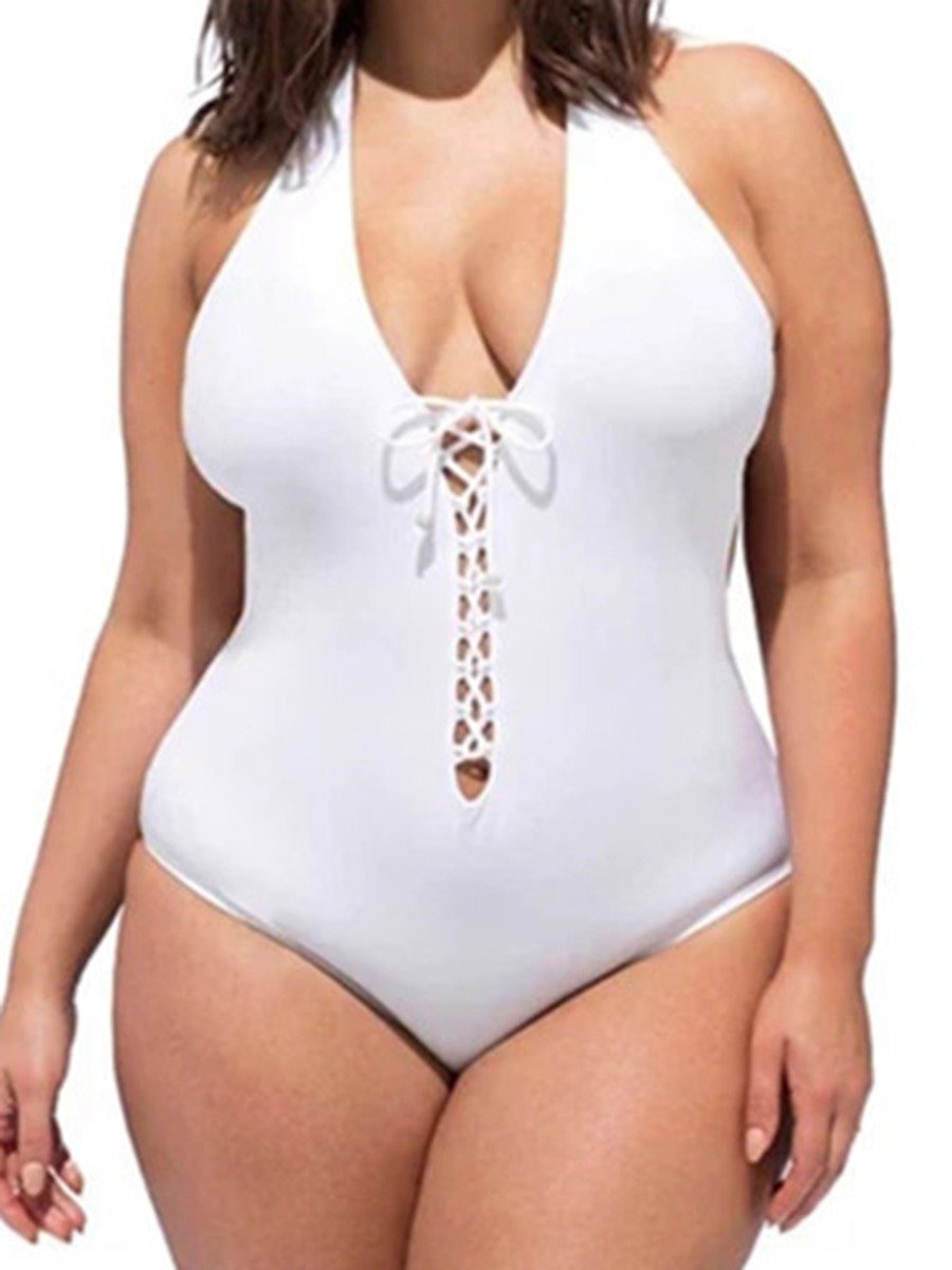 Big Curvy Hollow Cross Lace-Up Plain Swimsuit