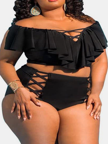 Plus Size Women'S Ruffle Trim Cut-Out Soild Bikini Swimsuit Set