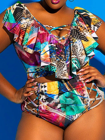 Womens Plus Size Two Pieces Geometric Print Hollow Ruffled Trim Swimsuit Suppliers