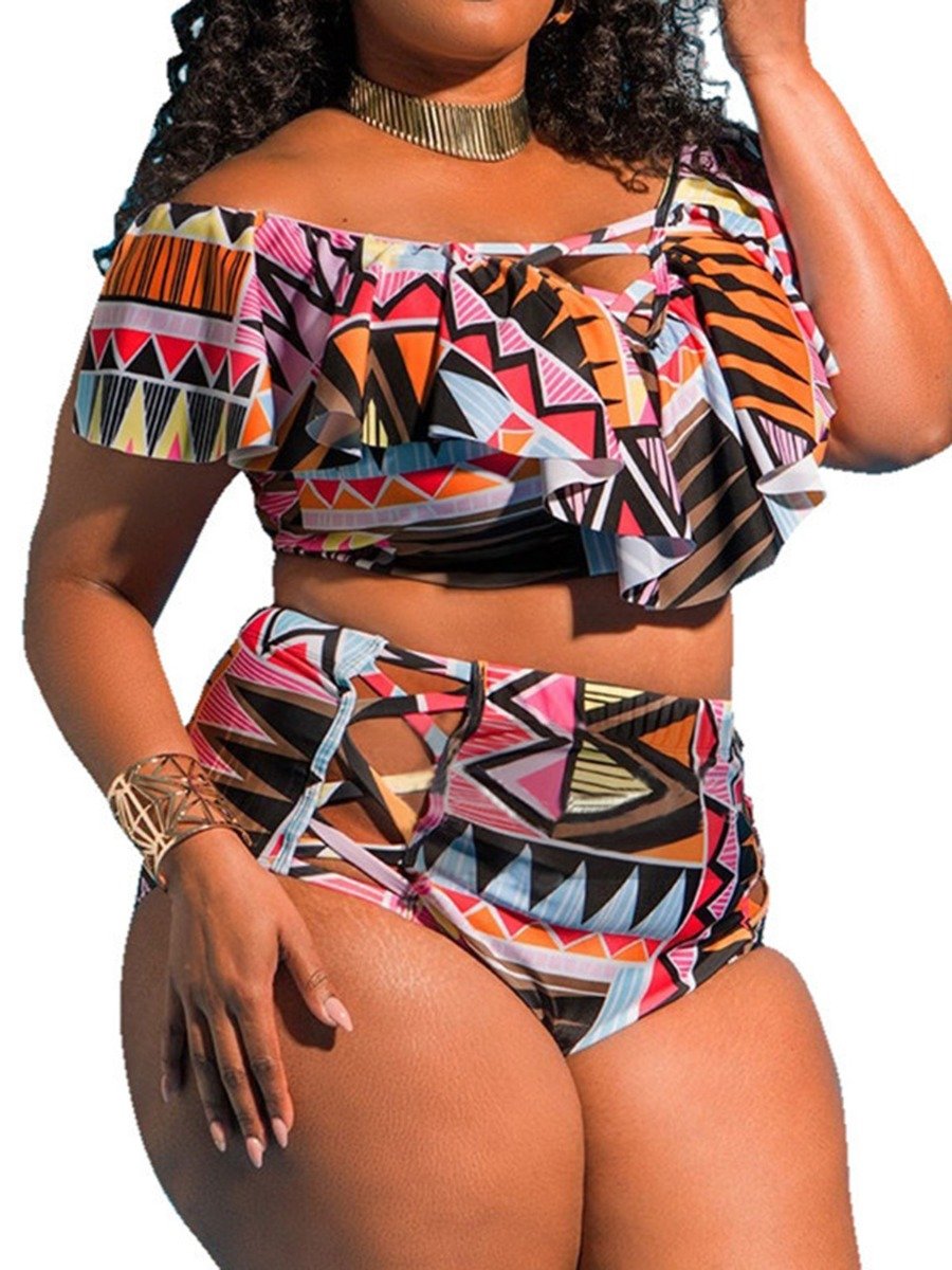 Womens Plus Size Geometric Print Hollow Ruffled Trim Swimsuit Suppliers