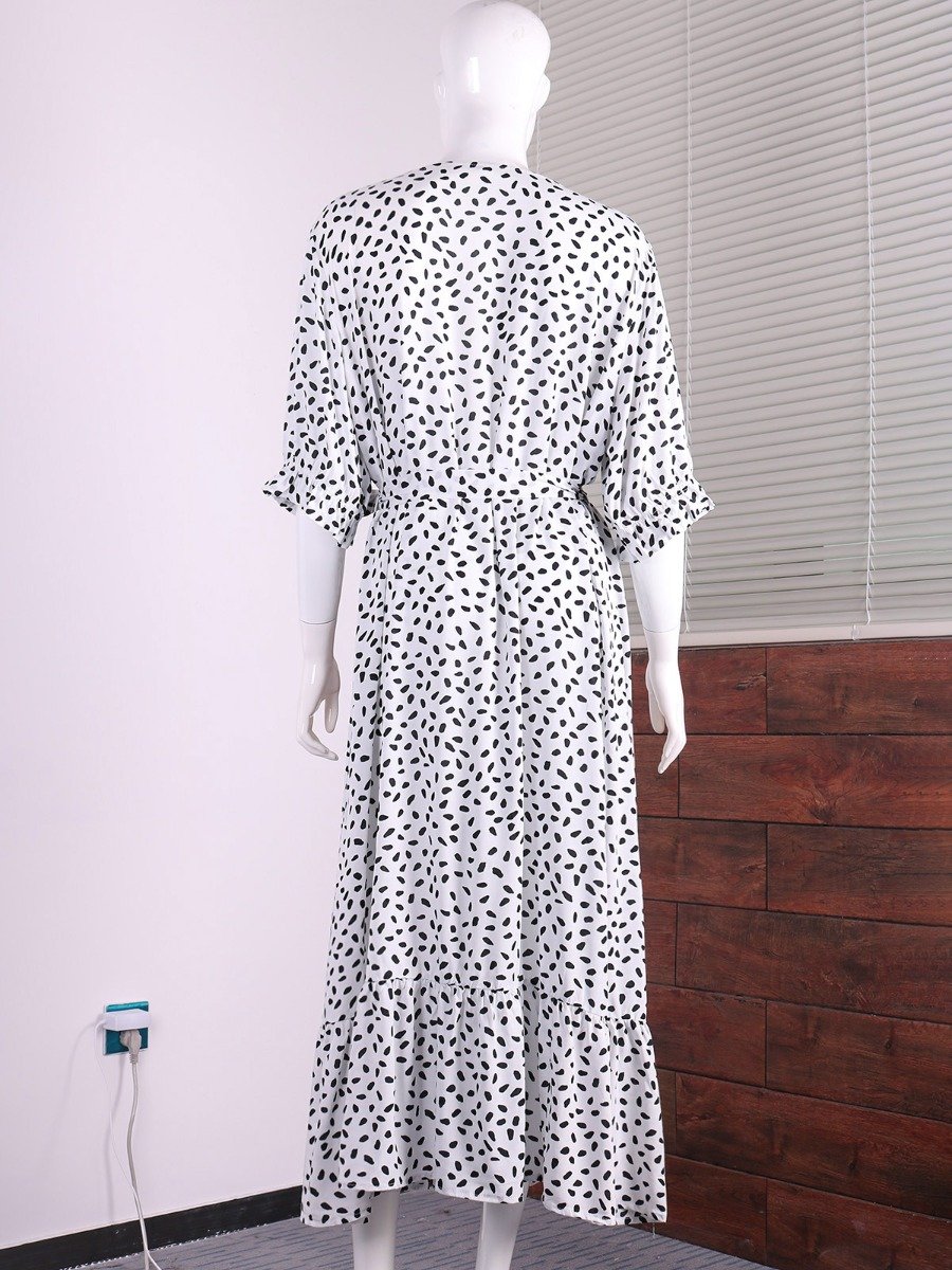 Big Womens Drawstring Waist Buttoned Printed Split Hem Half Sleeve Dress