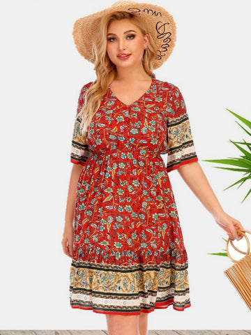 Curvy Lady Bohemian All-Over Print V-Collar Ruffle Hem Dress Clothing Vendors