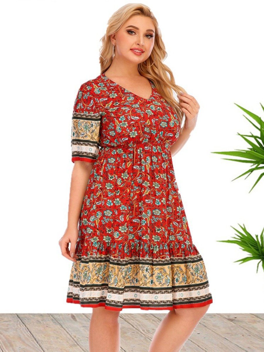 Curvy Lady Bohemian All-Over Print V-Collar Ruffle Hem Dress Clothing Vendors